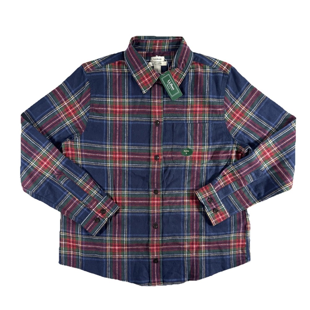 NWT L.L.Bean Scotch Plaid Flannel Shirt Womens Petite Small Navy Stewart Button